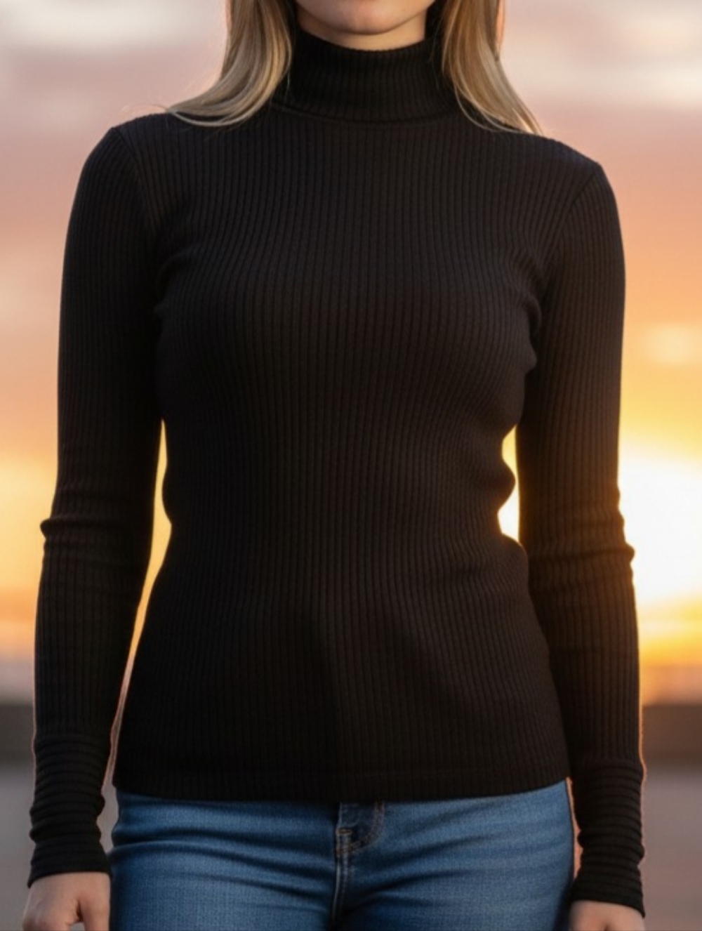 Commense Black Ribbed Turtleneck Sweater Front Black Back Tan